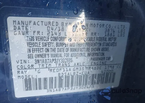 2018 Nissan Sentra S z USA, uszkodzony, nr VIN 3N1AB7AP3JY302685